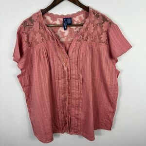 Architect Woman Blouse 3X Pink Cotton Lace Sheer‎ Yoke Boho Feminine Cottagecore
